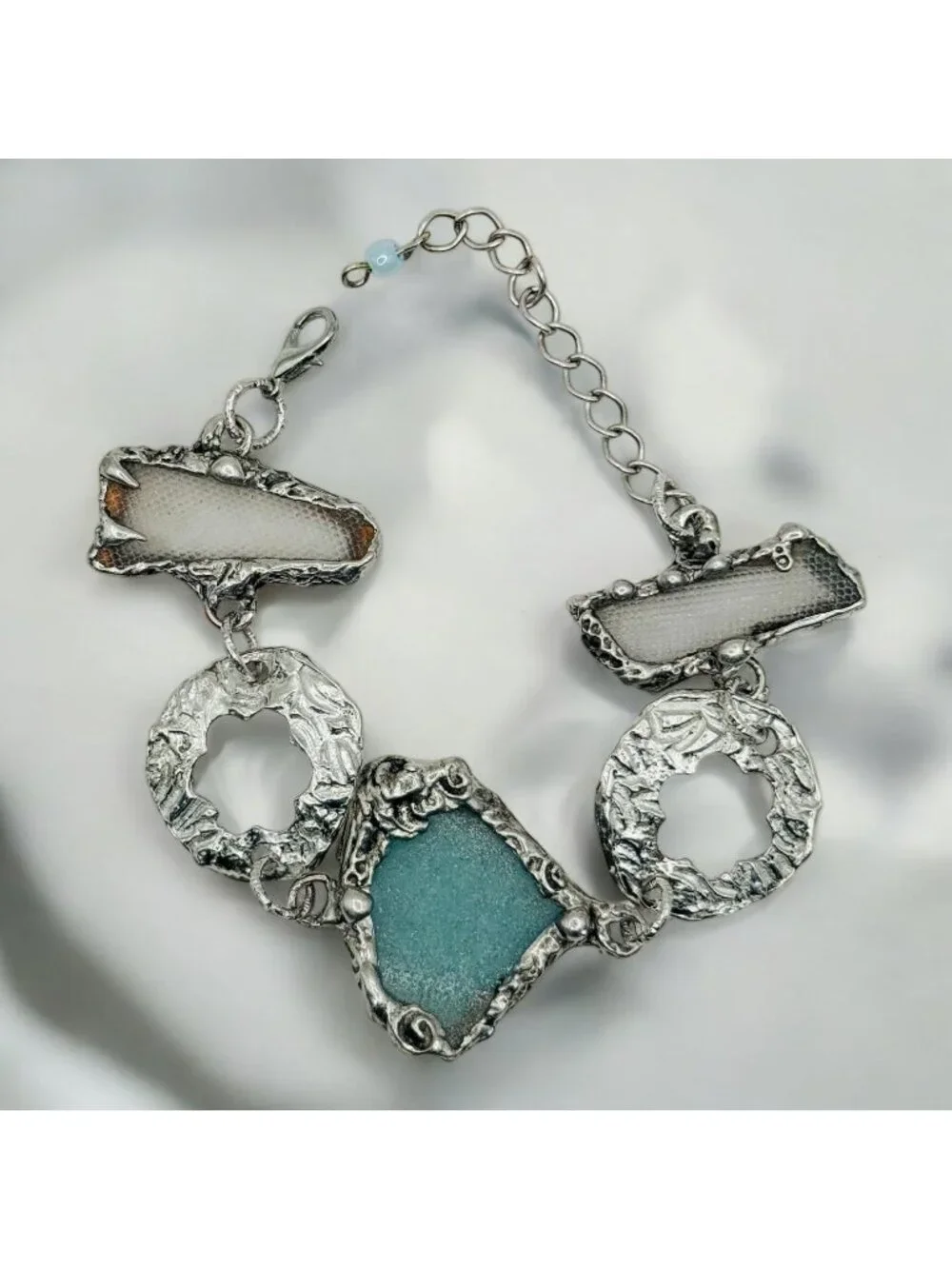 West Coast Sea Glass & Silver-Blend Boho Metalwork Bracelet | Hand Soldered